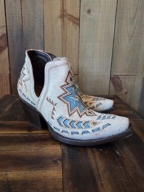Ariat Cream and Turquoise Western Cutout Heeled Ankle Boots